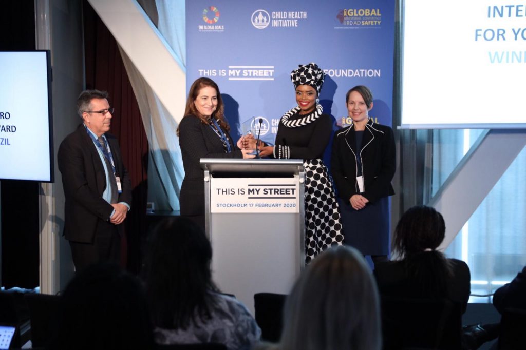 Pictured (L to R): Luiz Alberto Saboia, Executive Secretary of the Office of Public Services for Fortaleza, Patrícia Macêdo, Secretary of International Affairs for Fortaleza, Zoleka Mandela, Global Ambassador of the Child Health Initiative and granddaughter of former South African President Nelson Mandela, and Nancy Pullen-Seufert, Director of the National Center for Safe Routes to School, at the award presentation in Stockholm, Sweden, on Monday, Feb. 17.