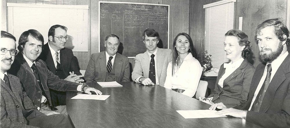 A meeting of HSRC’s research team in the mid-1970s, including (left to right): Don Reinfurt, Bill Hunter, Willie Fisher, B.J. Campbell, Forrest Council, Beverly Thomson, Pat Waller, and John Lacey. At the time, HSRC’s offices were located in Craige Trailer Park on UNC–Chapel Hill’s South Campus, near where the Dean E. Smith Center now stands.